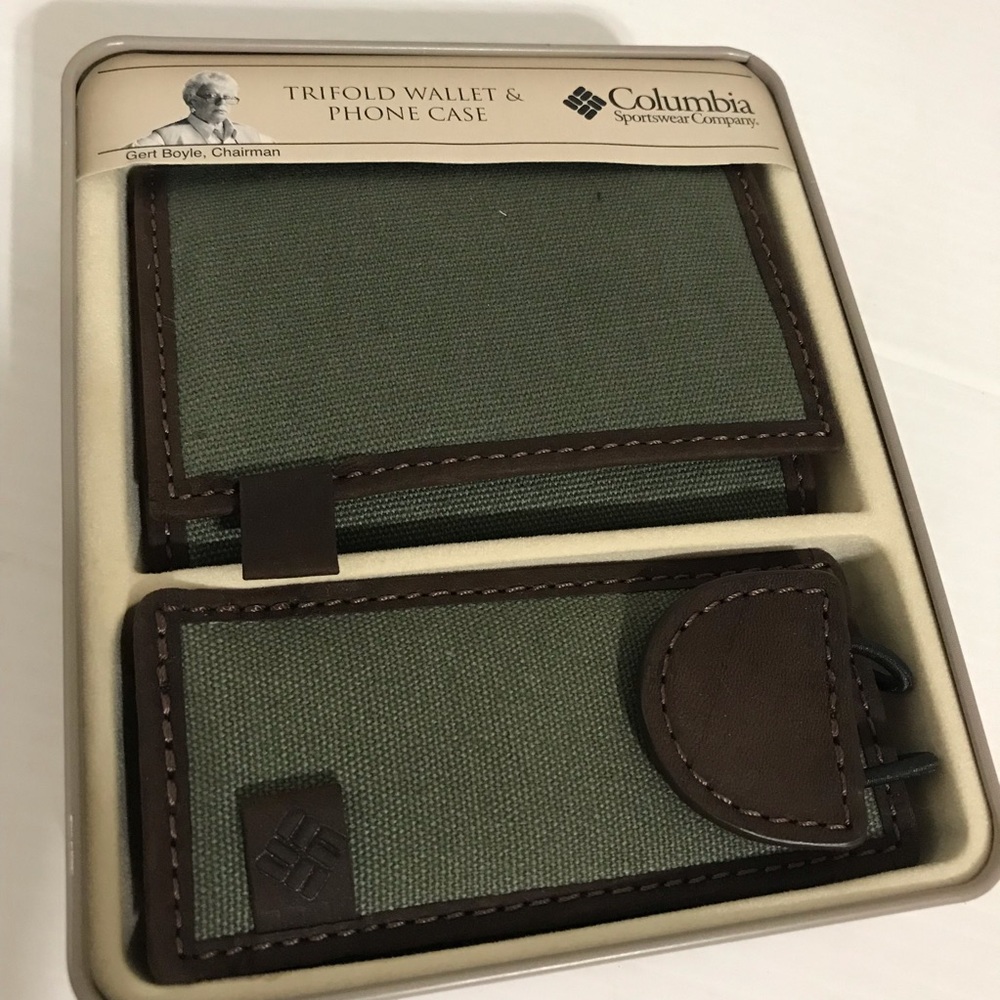 New Columbia Men's Trifold Wallet & Phone Case - Olive Green with Brown Trim